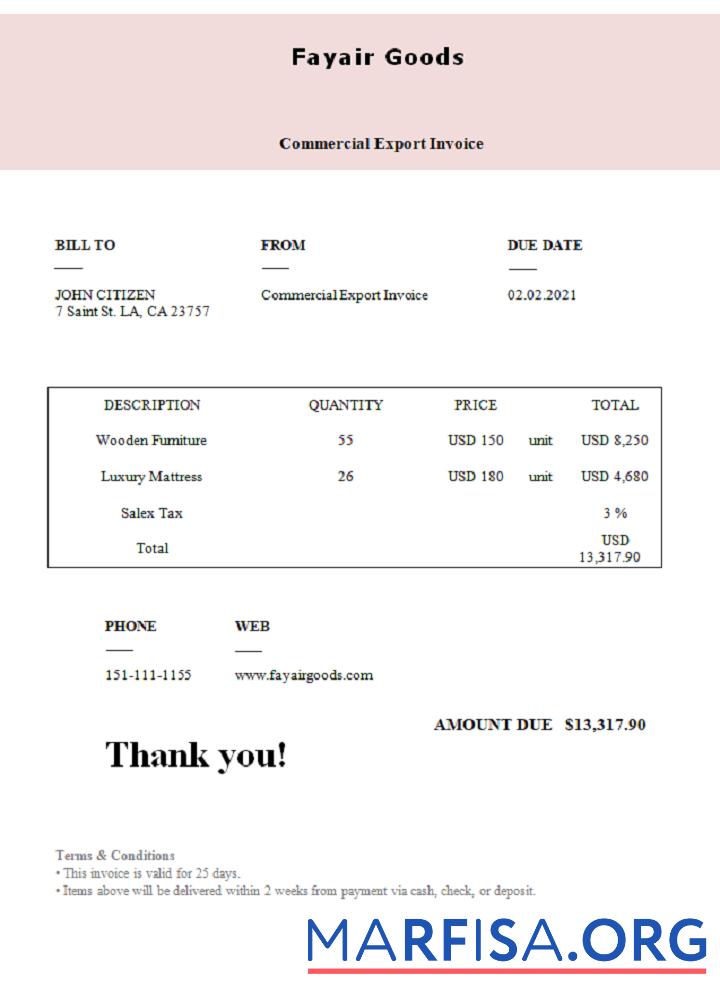 Printable USA Fayair Goods invoice template